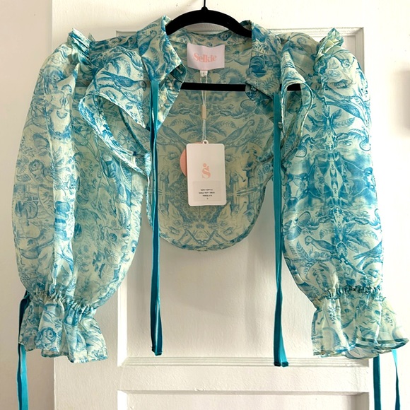 Selkie Tops - Selkie Blue and White Printed shrug Top Small